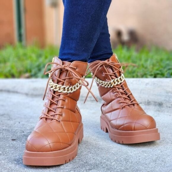 Womens Chunky Block Heel Ankle Combat Boots Brown Color - Picture 4 of 6